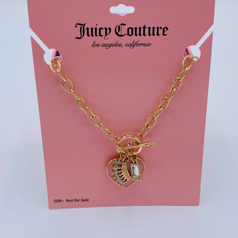 Juicy Couture Necklace, Pink Heart 17 inch Pendant,Gold Chain,Crown Detail-NEW - Picture 3 of 7